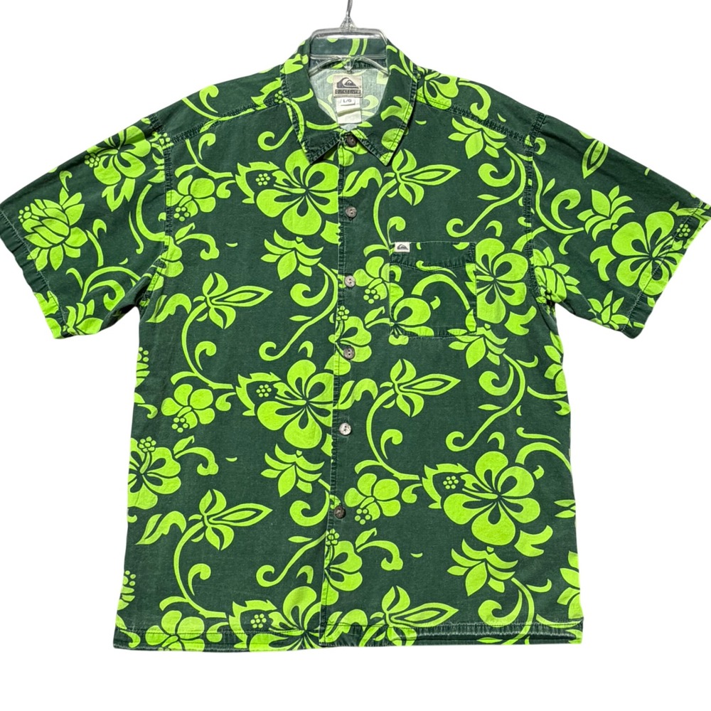 Quiksilver Mens Hawaiian Shirt Large Green Neon Floral Hibiscus Button Down